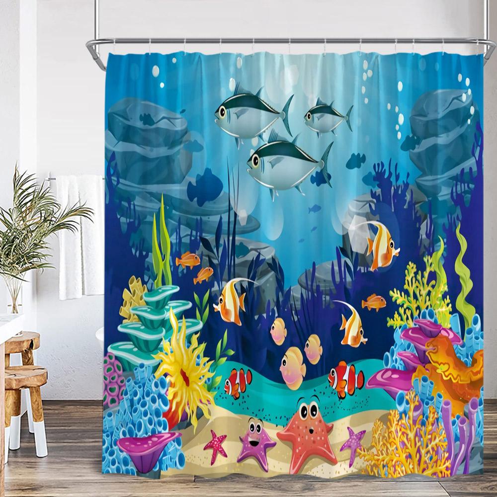 Cartoon Ocean Animals Kids Shower Curtains Tropical Fishes Coral Starfish Shell Bathroom Decorations Funny Children Bath Curtain