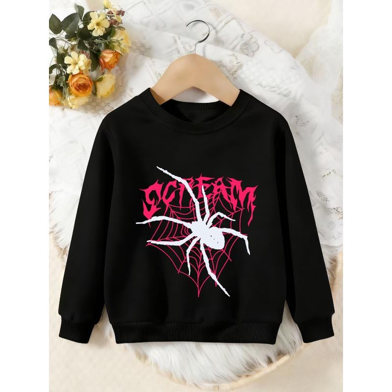 Unisex Kids Crewneck Sweatshirt, White Spider Pink Web Gothic Letter Print Pullover, Boys Girls Halloween Sweatshirt For Kids Over 4 Years Old