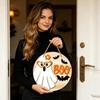 Halloween Wooden Hanging Sign Ghost and Bat Design Round Door Decor with Rope for Seasonal Holiday Decoration Indoor Outdoor Use