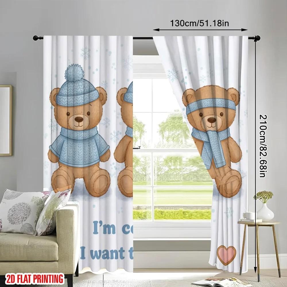 2pcs Cartoonish Bear Print Curtain   Room Darkening Window Treatment   Polyester   Xmas Decor   Home Decor   Rod Pocket Curtain