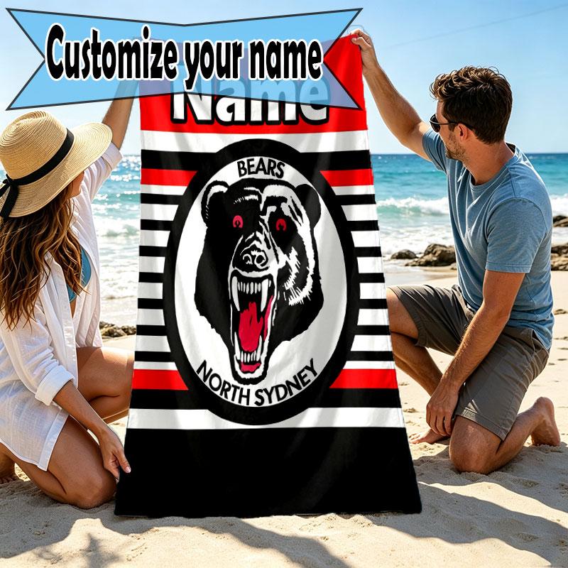 Custom Name Personalized North Sydney Bears Print Beach Towel, for Trip Camping Beach Party Home Decor, Birthday Gift for Family & Friends