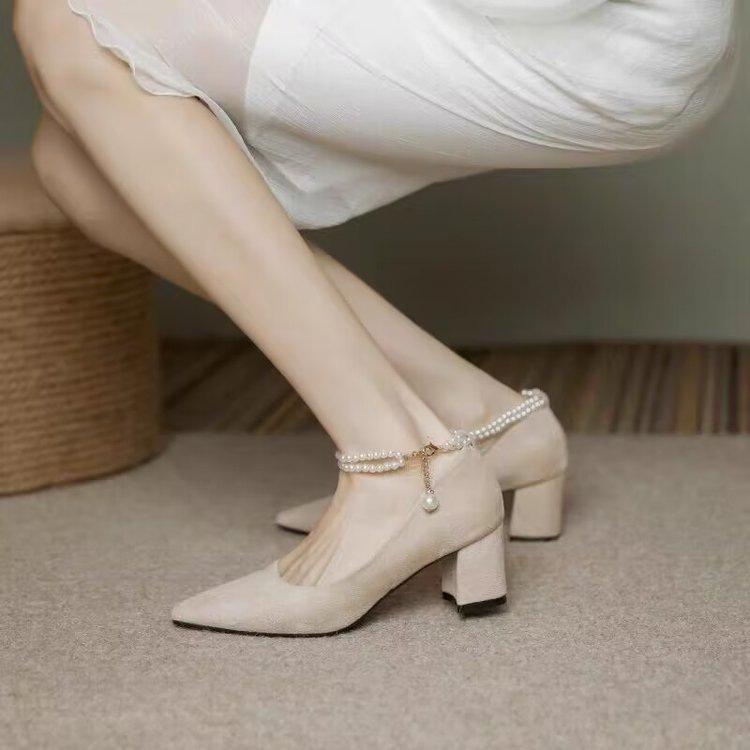 French design pearl high heels autumn new fairy style niche temperament thick heel single shoes