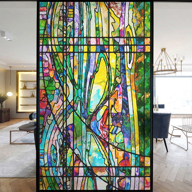 Colorful Stained Frosted Glass Film Modern Art Geometry Pattern Window Stickers Opaque Self-adhesive European Home Decor Privacy