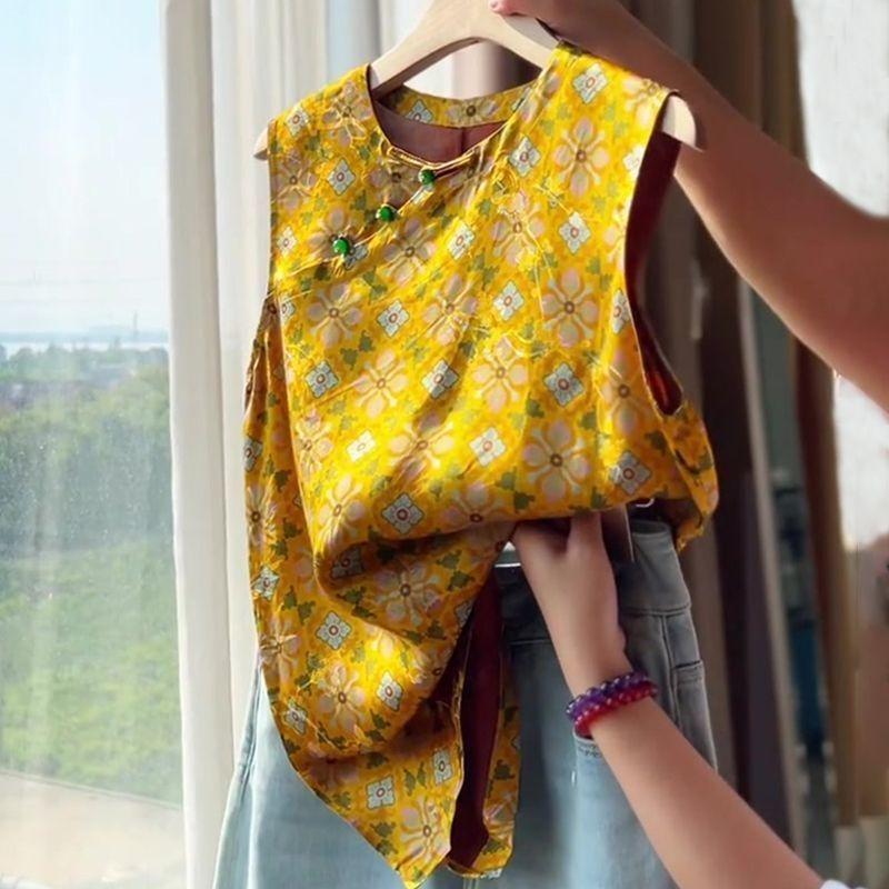 

Luxury treasure flower yellow top women s 2025 summer summer high-end temperament diagonal placket sleeveless 3XL (recommended 138-75kg)