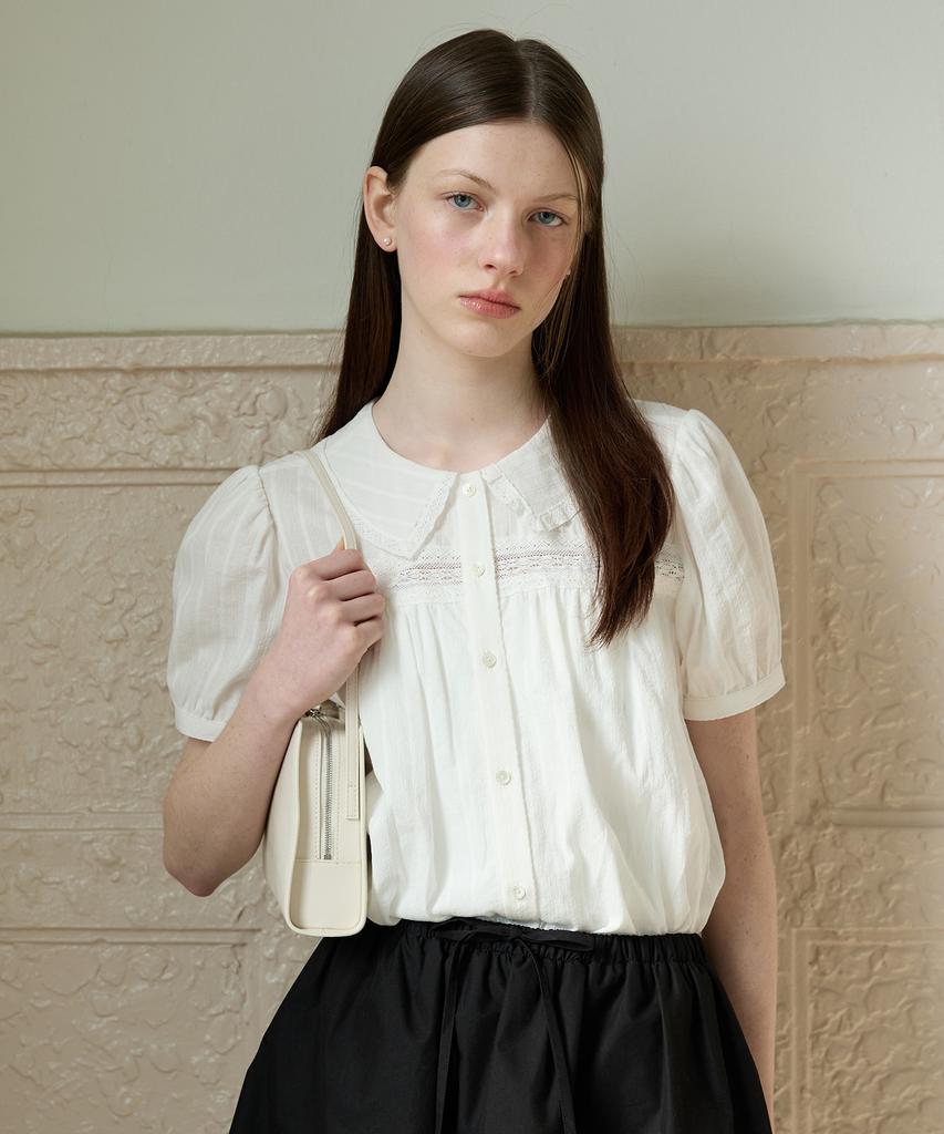 TTUDEMENT Puff Sleeve Short Sleeve Blouse (Ivory)