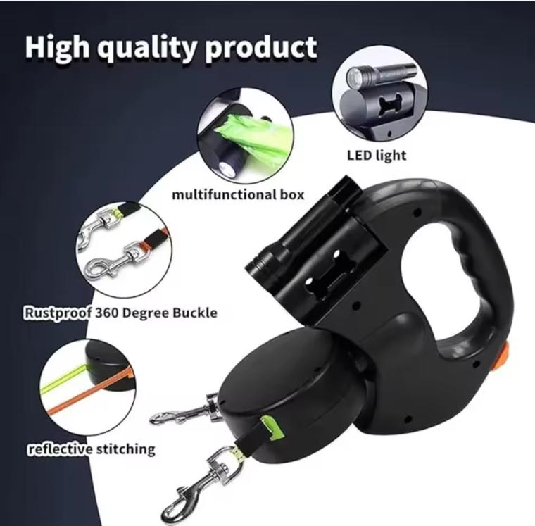 Double Ended Leash, Double Dog Leash for Two Dogs with Tangle-Free Swivel, Dog Leashs with LED Flashlight for Small & Large Dog