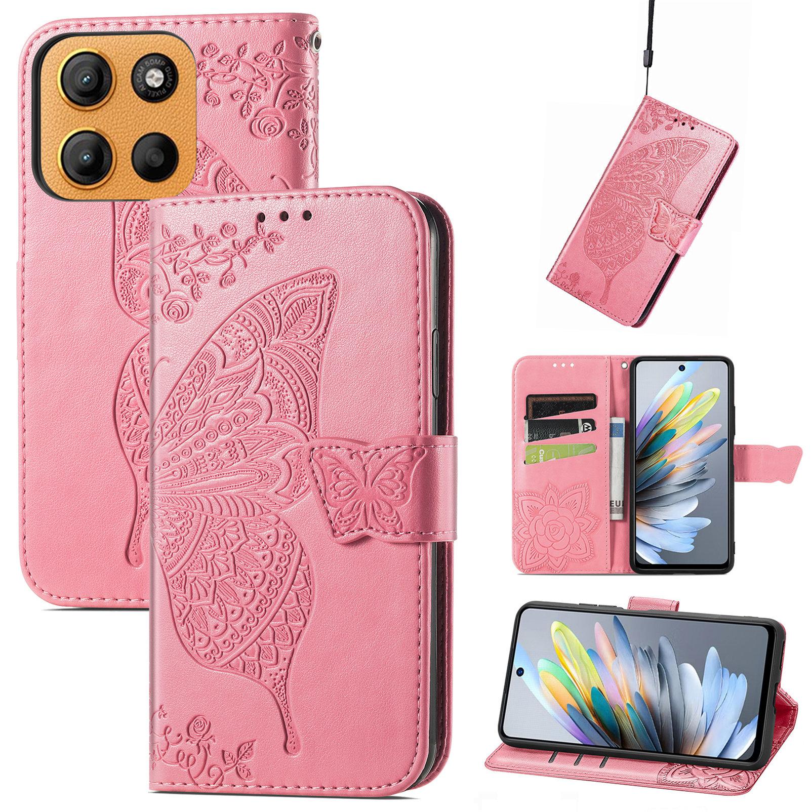 

Для Motorola Moto G15 4G Чохол з ремінцем Шаблон метелика Шкіряний гаманець Чохол для телефону Pink