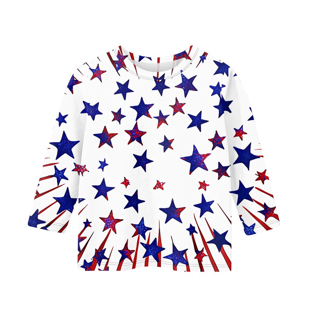 Print Tops For Youth Girls Round Neck 3/4 Sleeves T-Shirts Trendy Tops Outfit Tees Independence Day