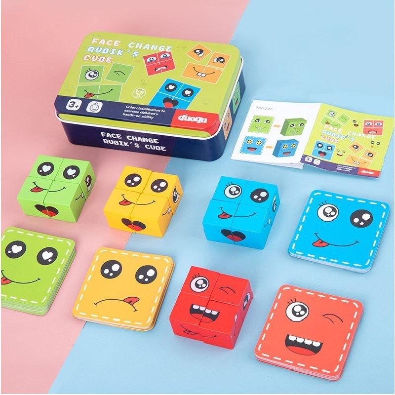 Colorful Wooden Face-changing Magic Cube Toy In Iron Box Children's Battle Toy