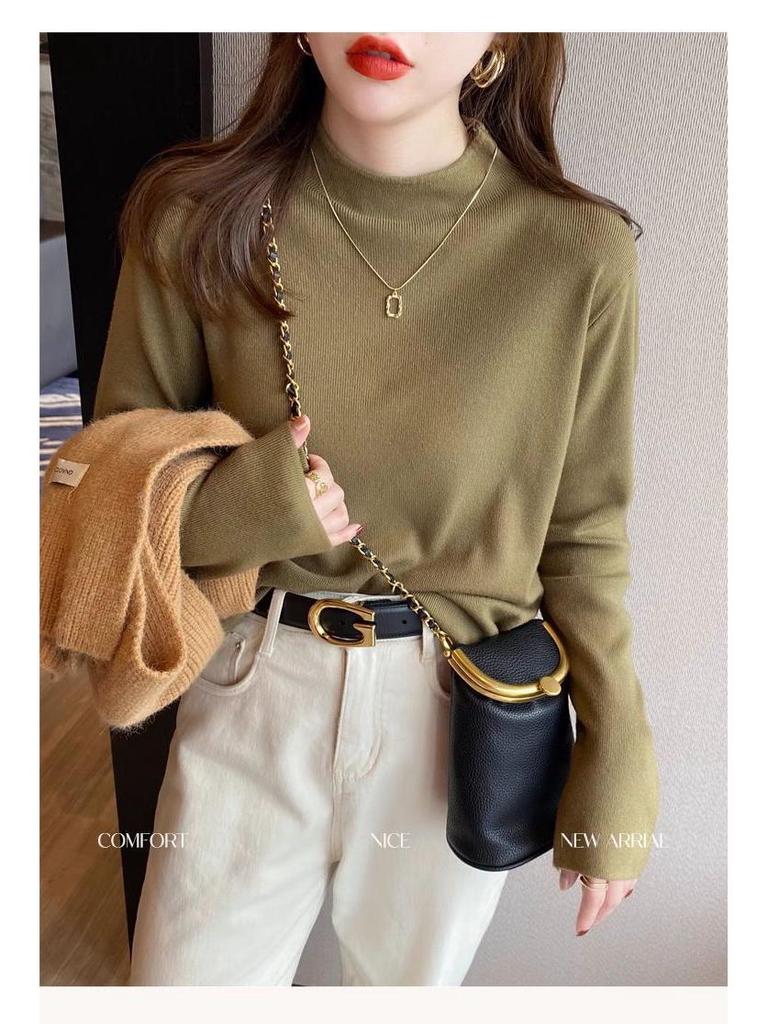 Women's 2024 Black Mock Neck Sweater: Base Layer for Spring & Autumn, Loose Half-High Neck Top.