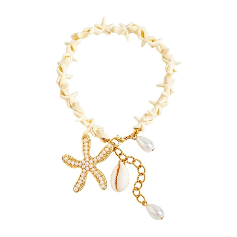 Shell Detail Anklet for Women Starfish Pendant Bead Drops Gold Tone Chain Jewelry for Beach Vacation Summer Styling