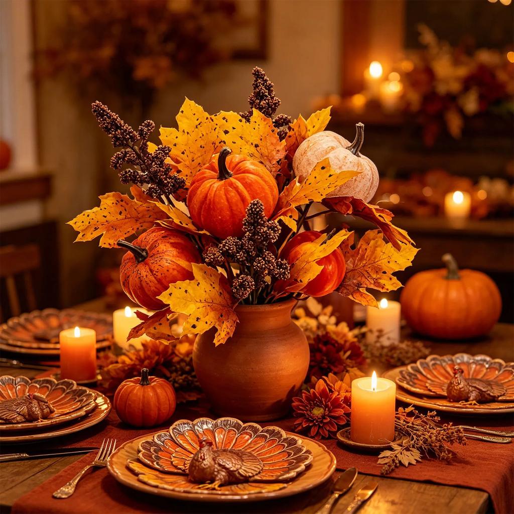 Artificial Autumn Harvest Pumpkin and Maple Leaf Branch