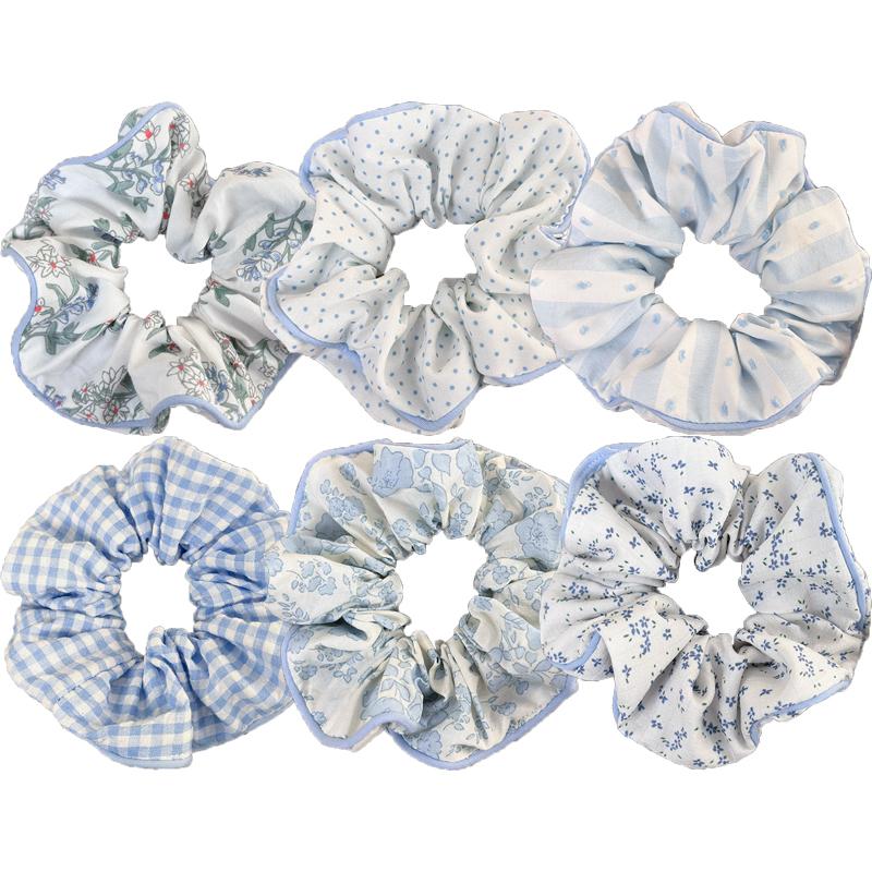 Sea Salt Blue Polka Dot Floral Plaid Large Hair Scrunchie Sweet and Versatile Fabric Hair Tie Hair Accessory