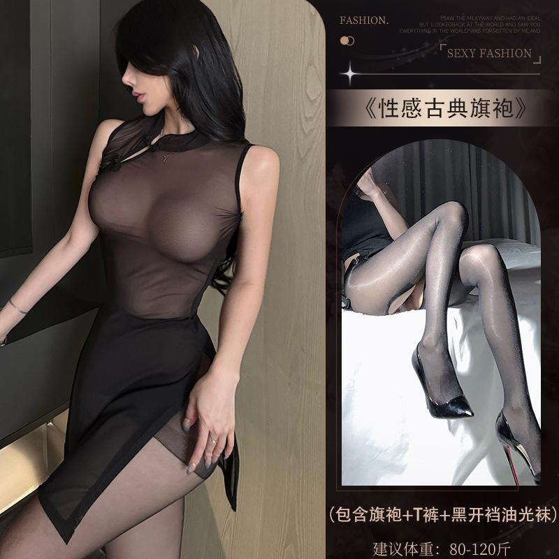 Sexy Cheongsam Dress Elegant Hollowed Out Chest Mesh Transparent Nightgown Tempting Women Sweet Thin Sheer Dress Tops TSY8