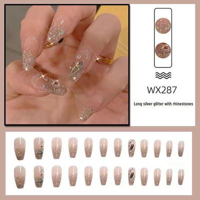 Sunset Blush Gel Nail Patches: Removable, Wearable, Handmade Medium-Long Nails with Full Diamond Finish.