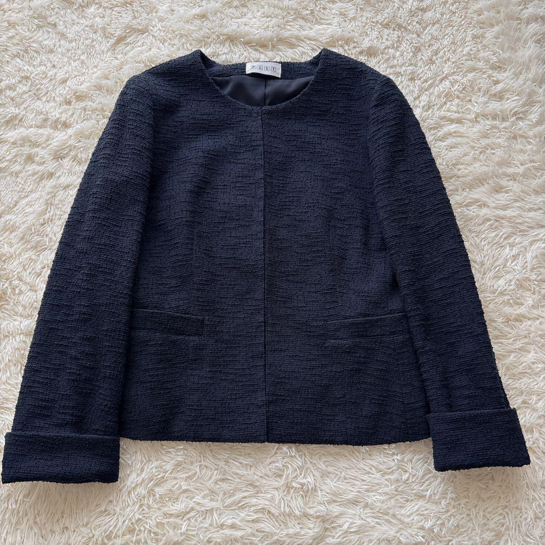 [Good Condition] PLST Collarless Tweed Jacket Navy S