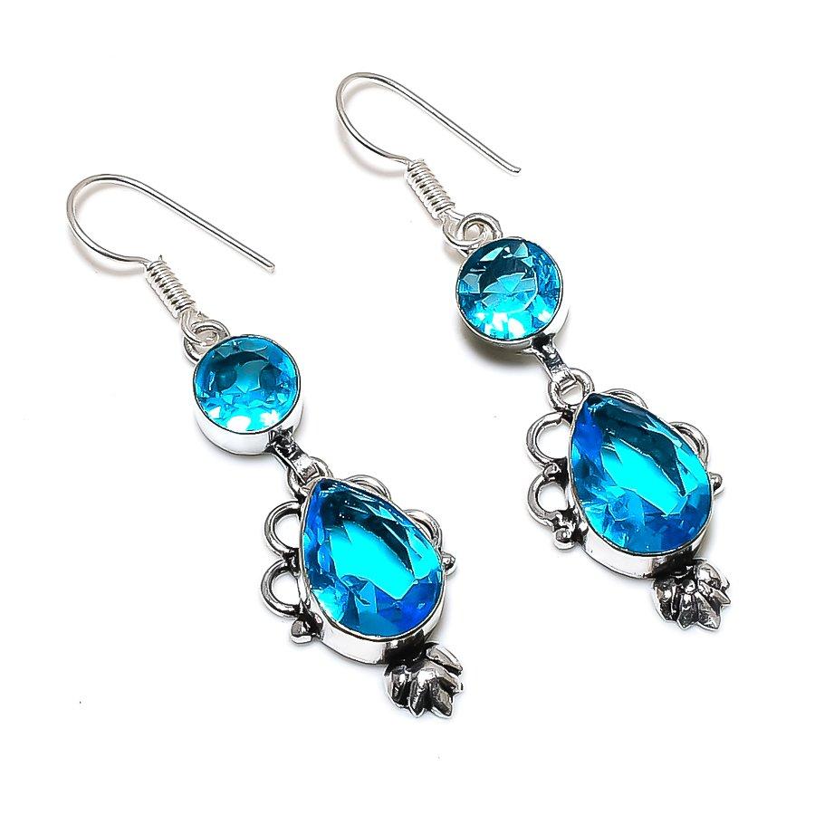 

Подарочные серьги ручной работы из стерлингового серебра 925 пробы с натуральным лондонским голубым топазом 2,17 дюйма g4R87