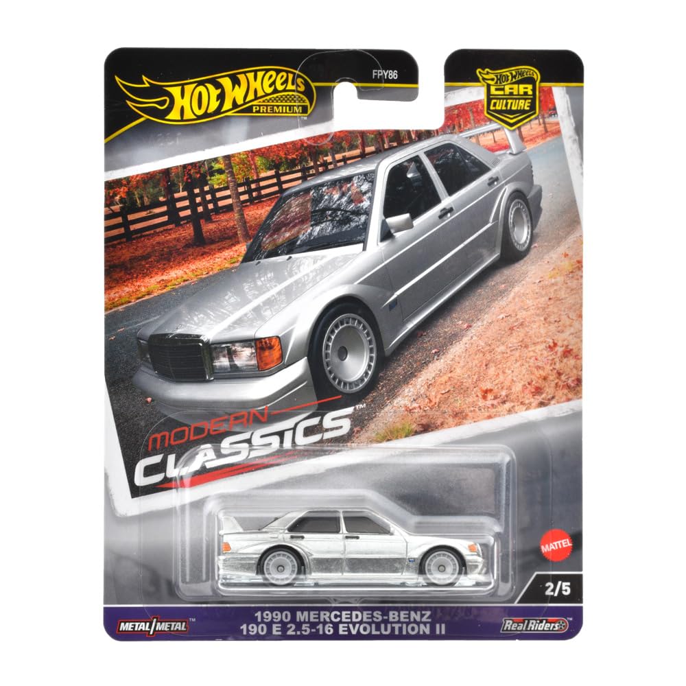 Hot Wheels Car Culture Modern Classics Mercedes-Benz 190 E 2.5-16 Evolution II Vehicle, Silver, for Ages 3 and Up, Model Car, HRV98