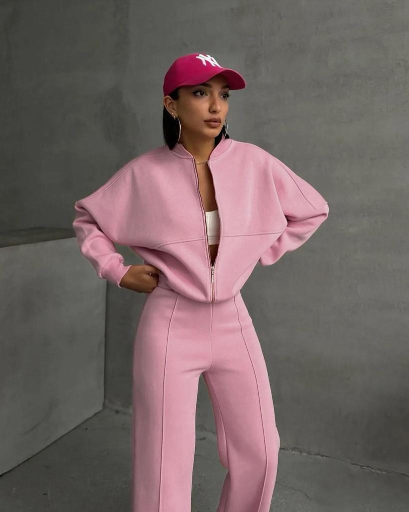 Women's Grey Cropped Zipper Hoodie and Loose Fit Sweatpants Casual Lounge Set