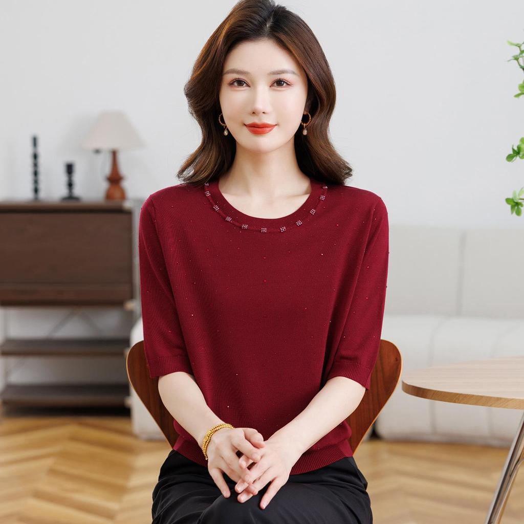 Spring & Autumn Knit Loose 3/4 Sleeve T-shirt for Women - Ice Silk, Stylish Large Size Base Layer
