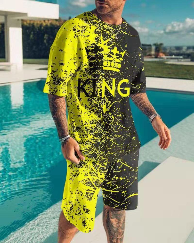 European and American 3D digital printing men's summer short-sleeved beach pants set trendy T-shirt set, manufacturer