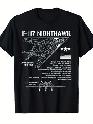 Men's F-117 Nighthawk Stealth Fighter Jet T-Shirt Military Aircraft Graphic with Flight Specs Aviation Enthusiast Apparel,