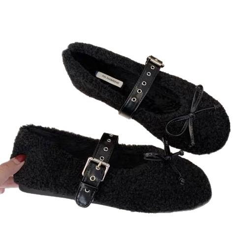 2025 autumn and winter new bow flat Mary Jane lamb wool single shoes women's ballet shoes wool shoes women's shoes