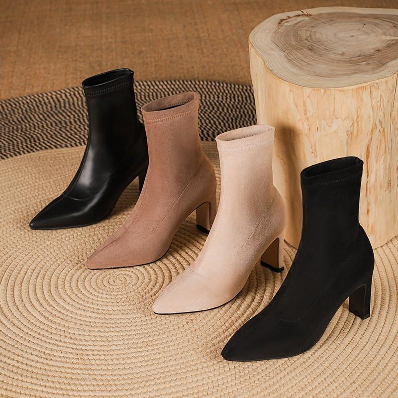 Plus Size 34-45 Women Fetish Suede Ankle Boots Stiletto High Heels Concise Pointy Toe Office Lady Solid Short Booties Black Nude