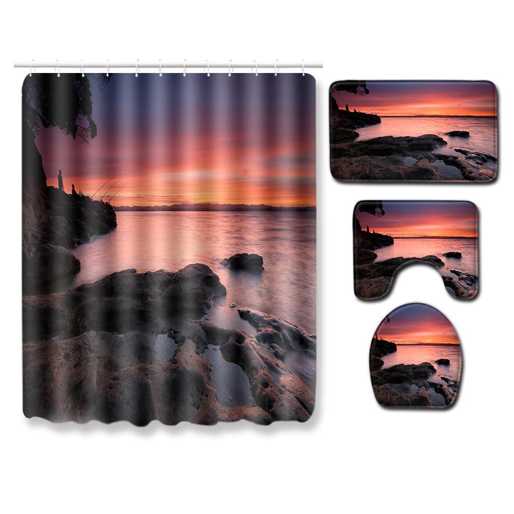 Landscape Shower Curtain Floor Mat Combination Four-Piece Set Bathroom Toilet Carpet Shower Room Mat Foot Mat