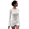 Women's Summer Solid Color Casual Round Neck Long Sleeve Package Hip Slim Short Dress