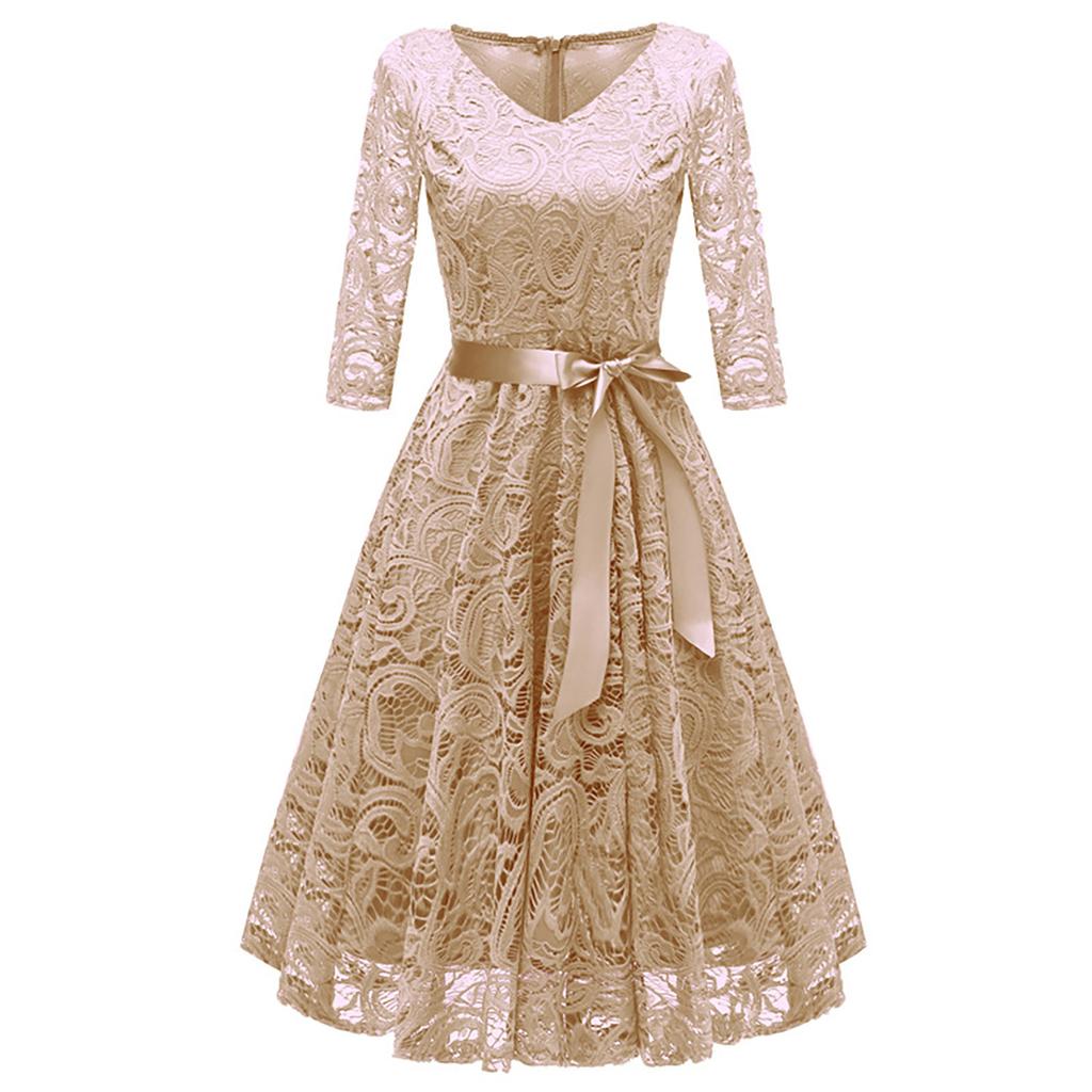 Dámská móda Vintage retro tenké večerní šaty s krajkovým výstřihem do V s dlouhým rukávem