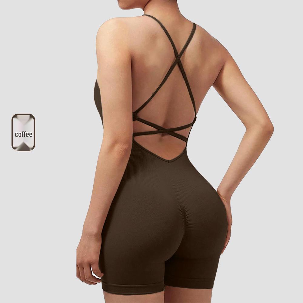 Seamless Peach Butt Yoga Bodysuit with Spaghetti Straps and Open Back