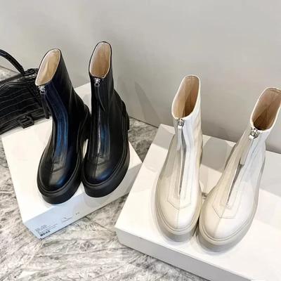 Botas Tobilleras de Cuero Grueso con Cremallera Delantera Estilo Británico Tacón Grueso Moda Felpa para Mujer Botín Corto Otoño/Invierno 2024