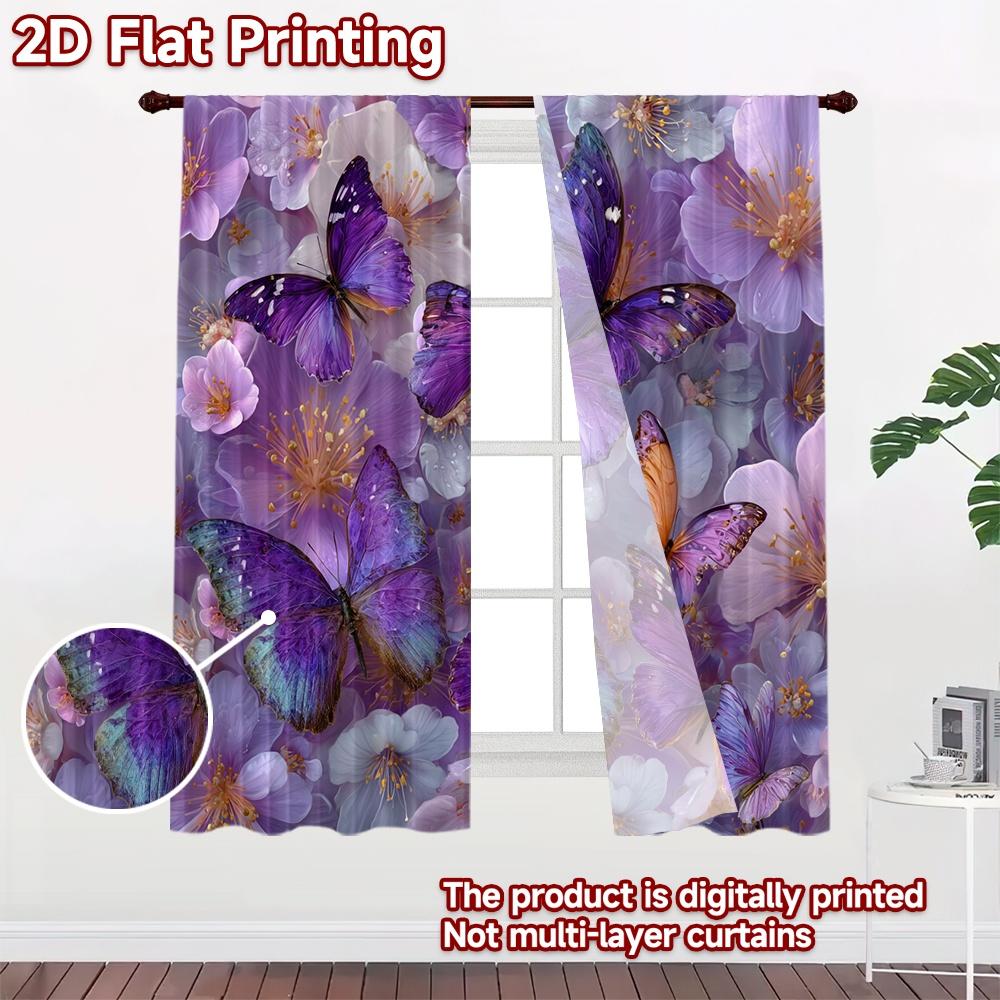 2D FLAT PRINTING 2pcs Curtains (Without Rod) Spring Butterfly Garden(2) Chic Curtain Fabric Versatile Polyester Fabric Curtains