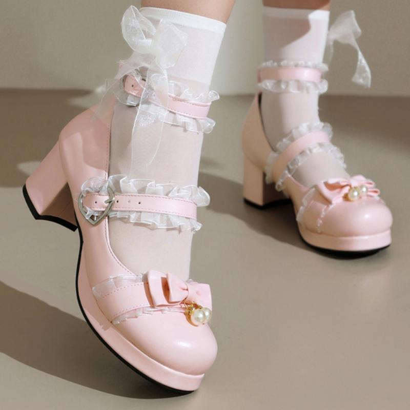 Slingback Högklackade Damskor Lolitas Mary Janes Skor Vår Ankelrem Svart Vit Klackade Bröllopsfestskor Flickor Stor Storlek