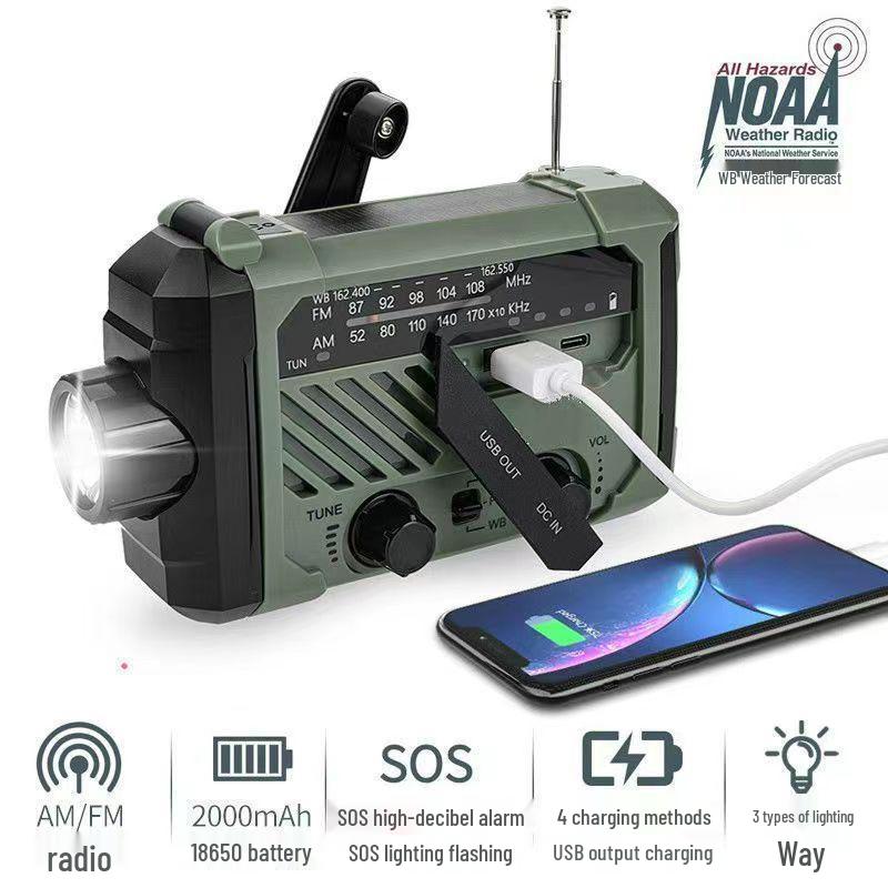 Multifunctional Solar-Powered Emergency Radio & Flashlight with Hand-Crank Power Generator and Waterproof Power Bank