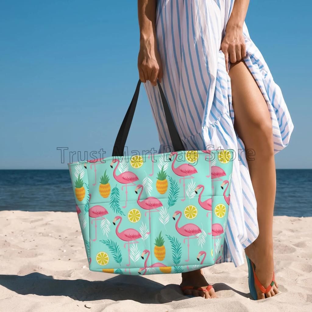 Rosa Flamingo-Print Große Strandtasche Damen Tragbare Reisetasche Wasserdicht Sandfest Pooltasche für Schwimmen Fitnessstudio Lebensmittel Urlaub