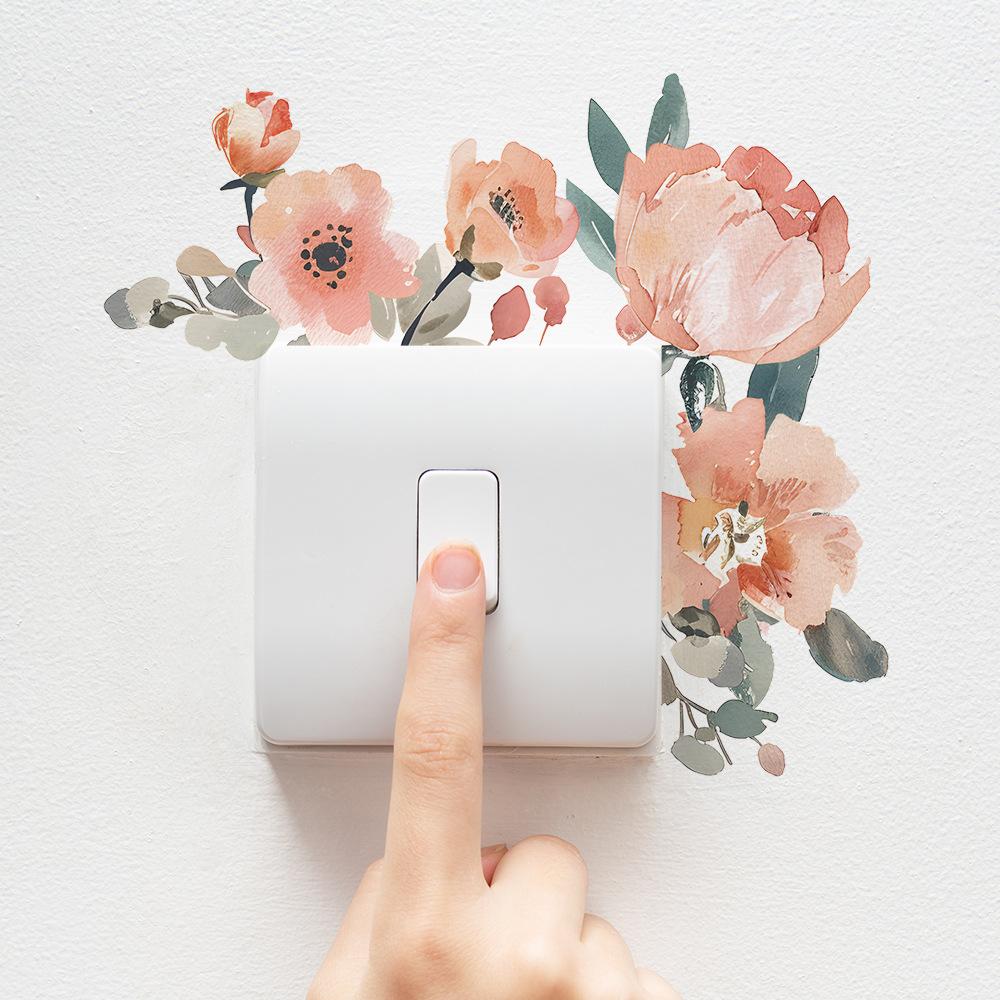 Watercolor Pink Rose Switch Pasted Living Room Entrance Home Beautification Wall Sticker
