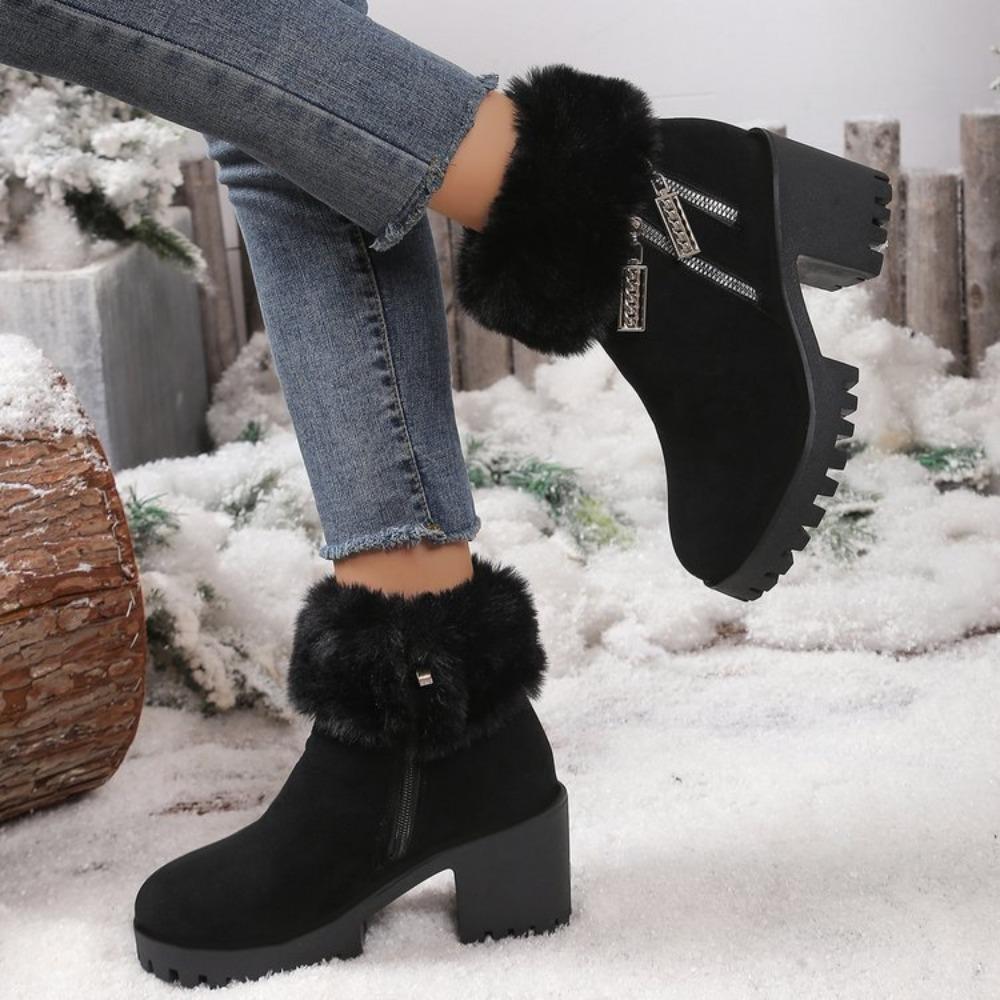 Square Heel Women Winter Shoes Classic Buckle Warm Fur Snow Ladies Boots High Heels Black Platform Ankle Boots