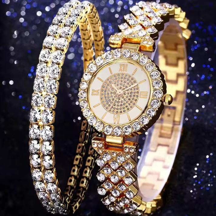 New Korean Version Of Women'S Watch Women'S Alloy Full Diamond Quartz Bracelet Set