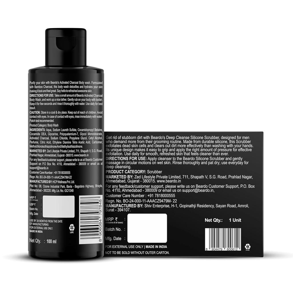 Beardo Activated Charcoal Body Wash100ml With Silicone Scrubber For Men Deep Cleaning Oil Control Daily Use Set 1