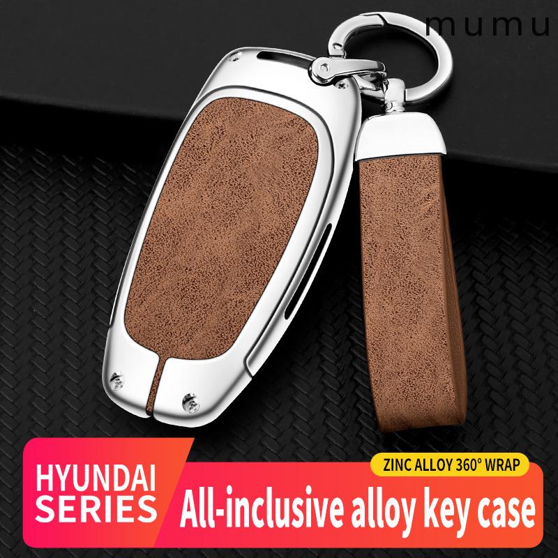 For Hyundai I30 Ix35 Kona Zinc Alloy Leather Car Key Case Cover Encino Solaris Azera Keychain Remote Shell Holder Accessories