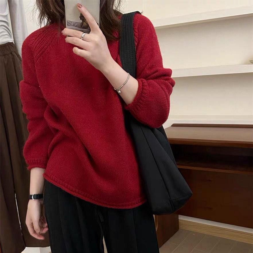 

Свернутый свитер для женщин однотонный в корейском стиле простой пуловер свободный и ретро вязаный топ на осень XL красный