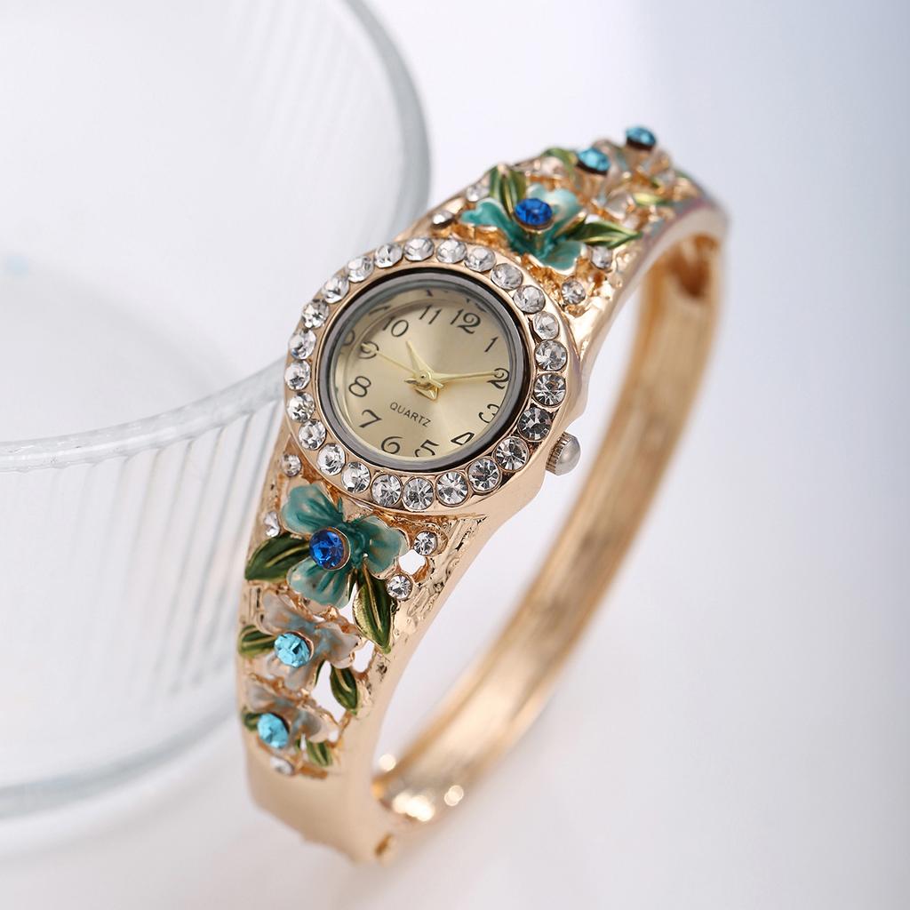 Watch Bangle Flower Rhinestone Womens Quartz Wristwatch