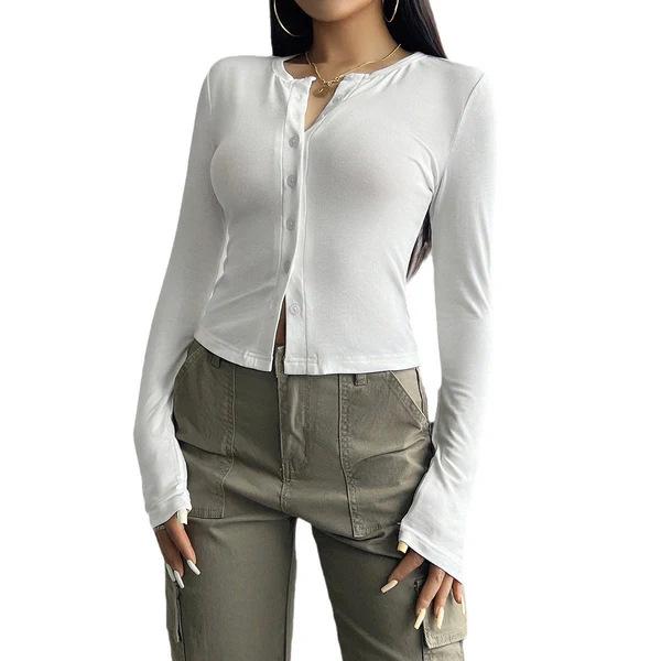 Autumn 2024 Y2K Slim Fit Solid Color Cardigan with Row Buttons - Long Sleeve T-shirt in European and American Pure Desire Style.