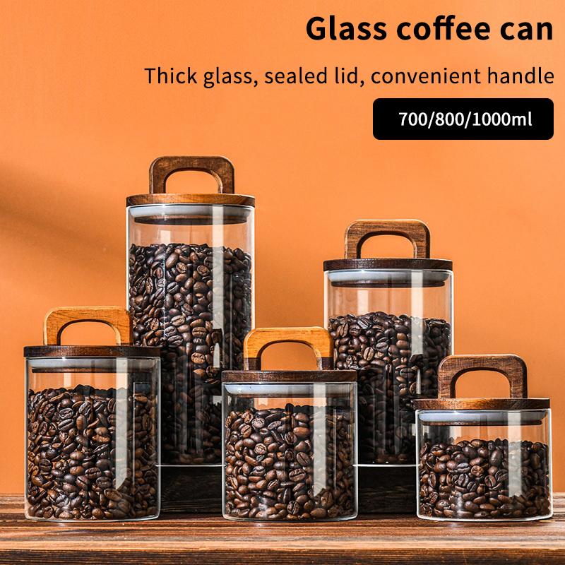 Деревянная крышка Стеклянная банка Герметичный контейнер для хранения продуктов Чай Кофе Бобы Кухонные бутылки Банка Запечатанный молотый Кофейная банка 800ML