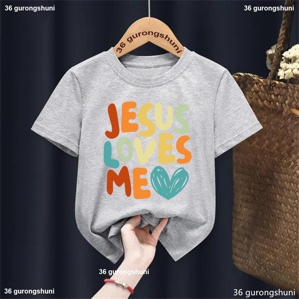 Lustiges Kawaii Kinderkleidung L Ich liebe Jesus Buchstaben bedrucktes T-Shirt Mädchen/Jungen Sommer Weiß/Schwarz/Rosa/Blau/Grau/Gelb T-Shirt
