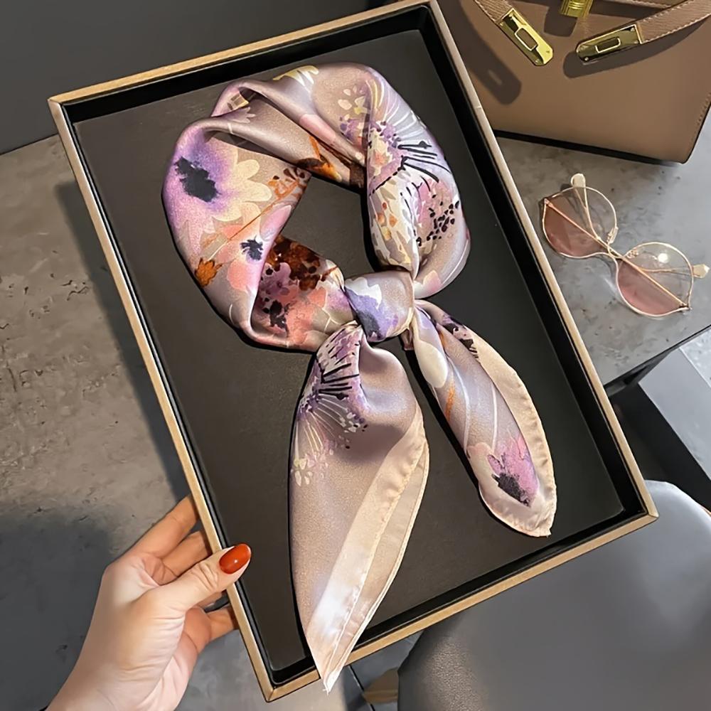 27.55inch Light Purple Flower Print Square Scarf Simulated Silk Thin Neck Scarf Elegant Style Sunscreen Headscarf For Women