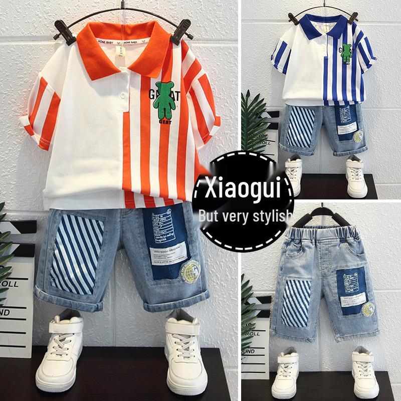 Trendy Summer Street Style Boys' Polo Shirt & Shorts Set - 2025