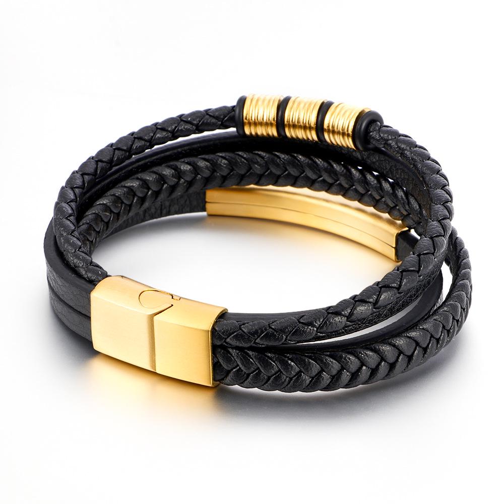 Men's Titanium Magnetic Buckle Leather Bracelet with Titanium Steel and Woven Stainless Steel Design